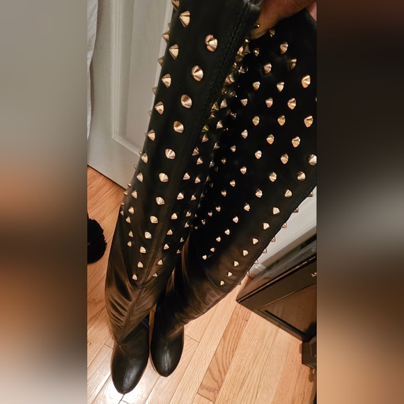 New Monica Chiang Thigh High Black Leather Gold Studs Covered Wedge Boots 40 - Picture 16 of 16